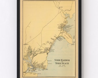 York Beach Map 1894 - Old Map of York Beach Maine Art Vintage Print Framed Canvas Portrait History Genealogy Farmhouse Décor