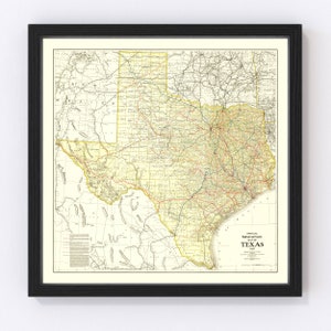 Texas Railroad Map 1912 - Old Railroad Map of Texas Art Vintage Print Framed Wall Art Canvas Portrait History Train Memorabilia