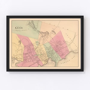 Lynn Map 1871, Vintage Lynn Map, Old Lynn Massachusetts Art, Wall Art Gift for Lynn History Lovers Retro Decor