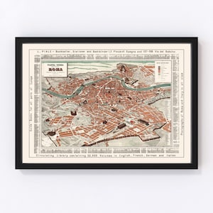 May include: A vintage map of Rome, Italy, with a key showing different areas of the city. The map is printed in black, white, and red on a cream-colored background. The text at the bottom reads "Circulating Library containing 20,000 Volumes in English, French, German and Italian."