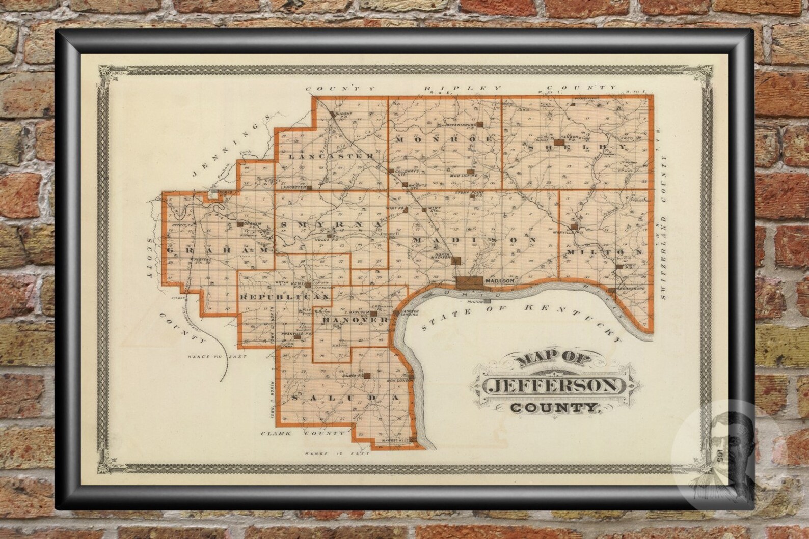 Vintage Jefferson County IN Map 1876 Old Indiana Map Etsy
