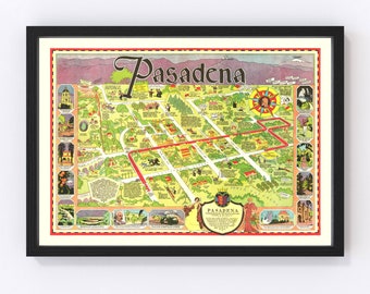 Pasadena Map 1933, Vintage Pasadena Map, Old Pasadena California Art, Wall Art Gift for Pasadena History Lovers Retro Decor