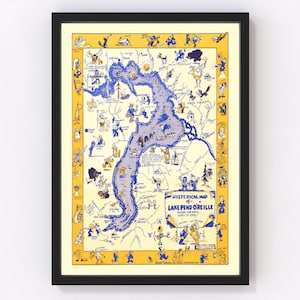 May include: A vintage cartoon map of Lake Pend Oreille in Idaho. The map is yellow and blue with a variety of cartoon characters and illustrations. The text reads "HYSTERICAL MAP of LAKE PEND OREILLE where the party goes to drive".