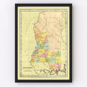 Mississippi Map 1835, Vintage Mississippi Map, Old Mississippi Art, Wall Art Gift for Mississippi History Lovers Retro Decor