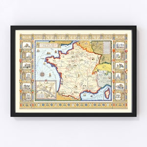 France Map 1929, Vintage France Map, Old France Art, Wall Art Gift for France History Lovers Retro Decor