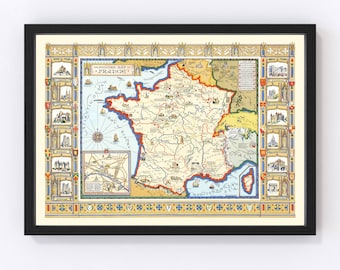 France Map 1929, Vintage France Map, Old France Art, Wall Art Gift for France History Lovers Retro Decor