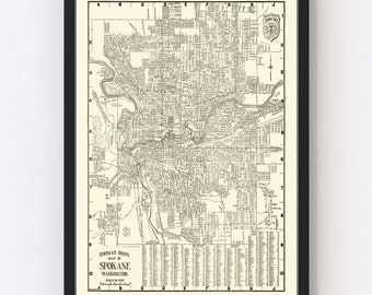 Spokane Map 1920 - Old Map of Spokane Washington Art Vintage Print Framed Canvas Portrait History Genealogy Farmhouse Décor