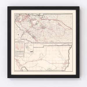 May include: A vintage map of Riverside County, California, showing roads and towns. The map is printed in black and white with red lines and dots. The map is framed in black.