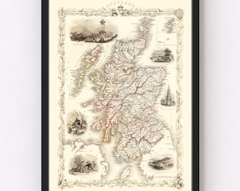 Scotland Map 1851, Vintage Scotland Map, Old Scotland Art, Wall Art Gift for Scotland History Lovers Retro Decor