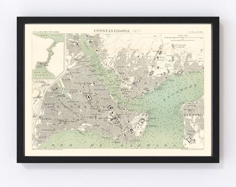 May include: An antique map of Constantinople, Turkey, from 1873. The map shows the city's layout, including its waterways, streets, and landmarks. The map is printed in black and white with green accents.