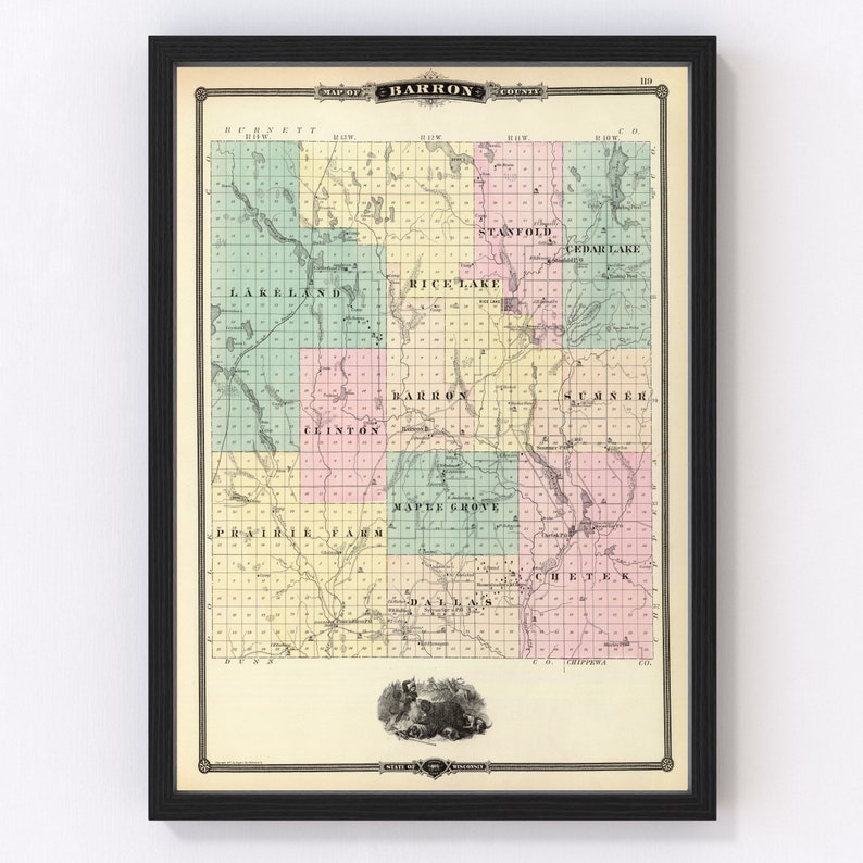 Barron County WI Map 1878 Old Map of Barron Wisconsin Art Etsy