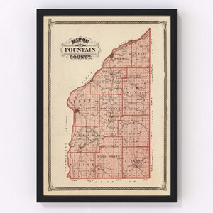 Fountain County Map 1876, Vintage Fountain County Map, Old Fountain County Indiana Art, Wall Art Gift for Fountain County History Lovers Ret