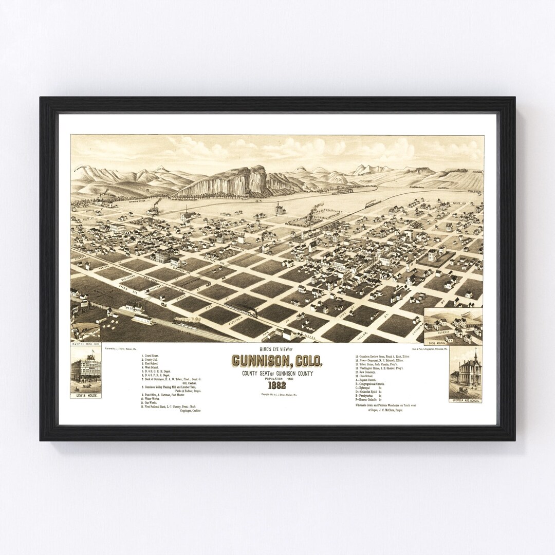Gunnison Map 1882 Old Map of Gunnison Colorado Art Vintage Print Framed Canvas Bird's Eye View