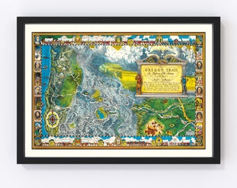 May include: A vintage map of the Oregon Trail, featuring a detailed illustration of the trail route across the western United States. The map is framed in a black frame and includes a title card that reads "Oregon Trail: The Highway of the Pioneers, Westward Bound".