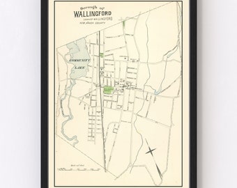 Wallingford Map 1893 - Old Map of Wallingford Connecticut Art Vintage Print Framed Canvas Portrait History Genealogy Farmhouse Décor