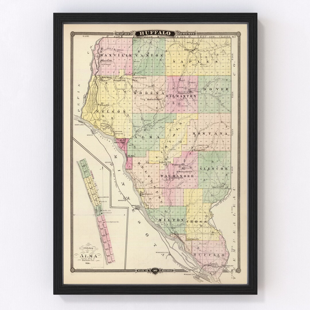 Buffalo County WI Map 1878 Old Map of Alma Wisconsin Art Vintage Print