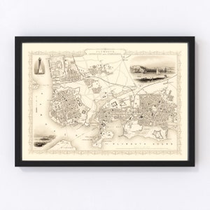 Plymouth Map 1851, Vintage Plymouth Map, Old Plymouth Art, Wall Art Gift for Plymouth History Lovers Retro Decor