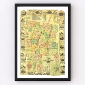 Hartford County Connecticut Map 1855 - Old Map of Hartford County Connecticut Art Vintage Print Framed Canvas Portrait History Genealogy