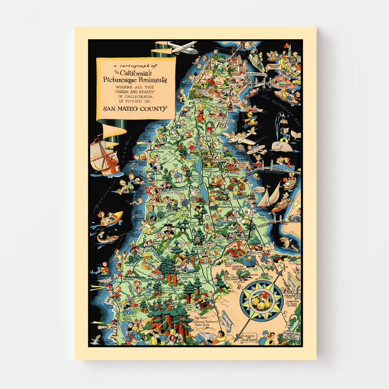 San Mateo County Map 1930, Vintage San Mateo County Map, Old San Mateo County California Art, Wall Art Gift for San Mateo County History Lov Bild 3