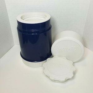 Vintage 10 oz. Thermos Narrow Neck Navy Blue White Hot Cold Food Container