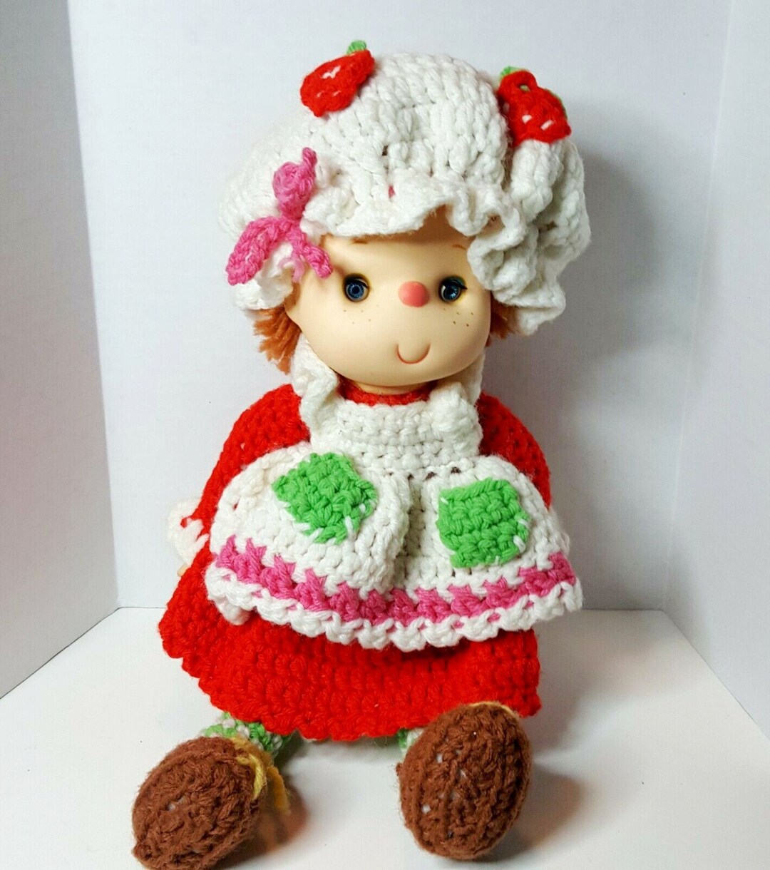 Vintage Handmade Knit Crochet Strawberry Shortcake Doll With Hat