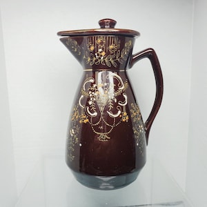 Vintage Japanese Redware Tea / Coffee Pot Brown Handpainted Moriage Lidded Japan