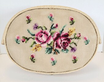 Vintage Oval Woven Wicker Sewing Basket with Floral Needlepoint Lid with Handle