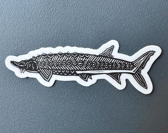 Atlantic Sturgeon Sticker | Vinyl Decal | Water-Proof Sticker | Linocut Art | 3″ × 1.05″