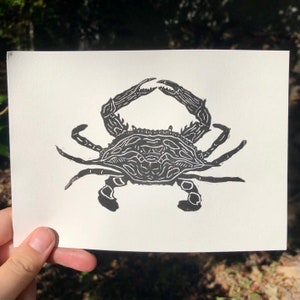 Chesapeake Bay Blue Crab Lino Print 5x7 Ink Print Block Print Black and ...