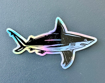 Sandbar Shark Sticker | Holographic | Linocut Sticker | Vinyl Decal | Water-Proof Sticker | 3″ × 1.77″