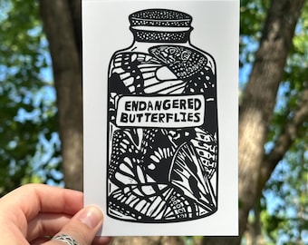 Virginia Butterfly Jar | Hand-Carved Linocut Art | 4x6 | Wildlife Art Print & Postcard | Endangered Bug Illustration |Frameable Mailable Art