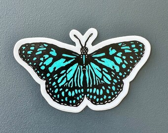 Blue Tiger Butterfly Sticker | In Color | Linocut Sticker| Vinyl Decal | Water-Proof Sticker | 3" × 1.81"