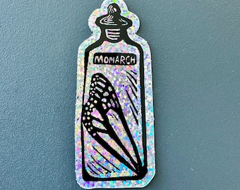 Monarch Butterfly Jar Sticker | Glitter | Linocut Sticker | Vinyl Decal | Water-Proof Sticker | 1.23" × 3"