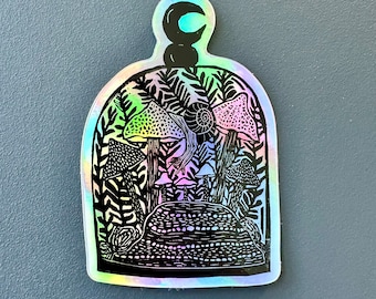 Holographic Snail Jar Sticker | HOLO Vinyl Decal | Water-Proof Sticker | Linocut Sticker | 2.03" x 3"