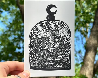 Snail Jar | Hand-Carved Linocut Art | 4x6 | Wildlife Art Print & Postcard | Endangered Species Illustration | Frameable Mailable Art