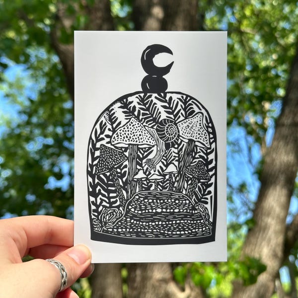 Snail Jar | Hand-Carved Linocut Art | 4x6 | Wildlife Art Print & Postcard | Endangered Species Illustration | Frameable Mailable Art