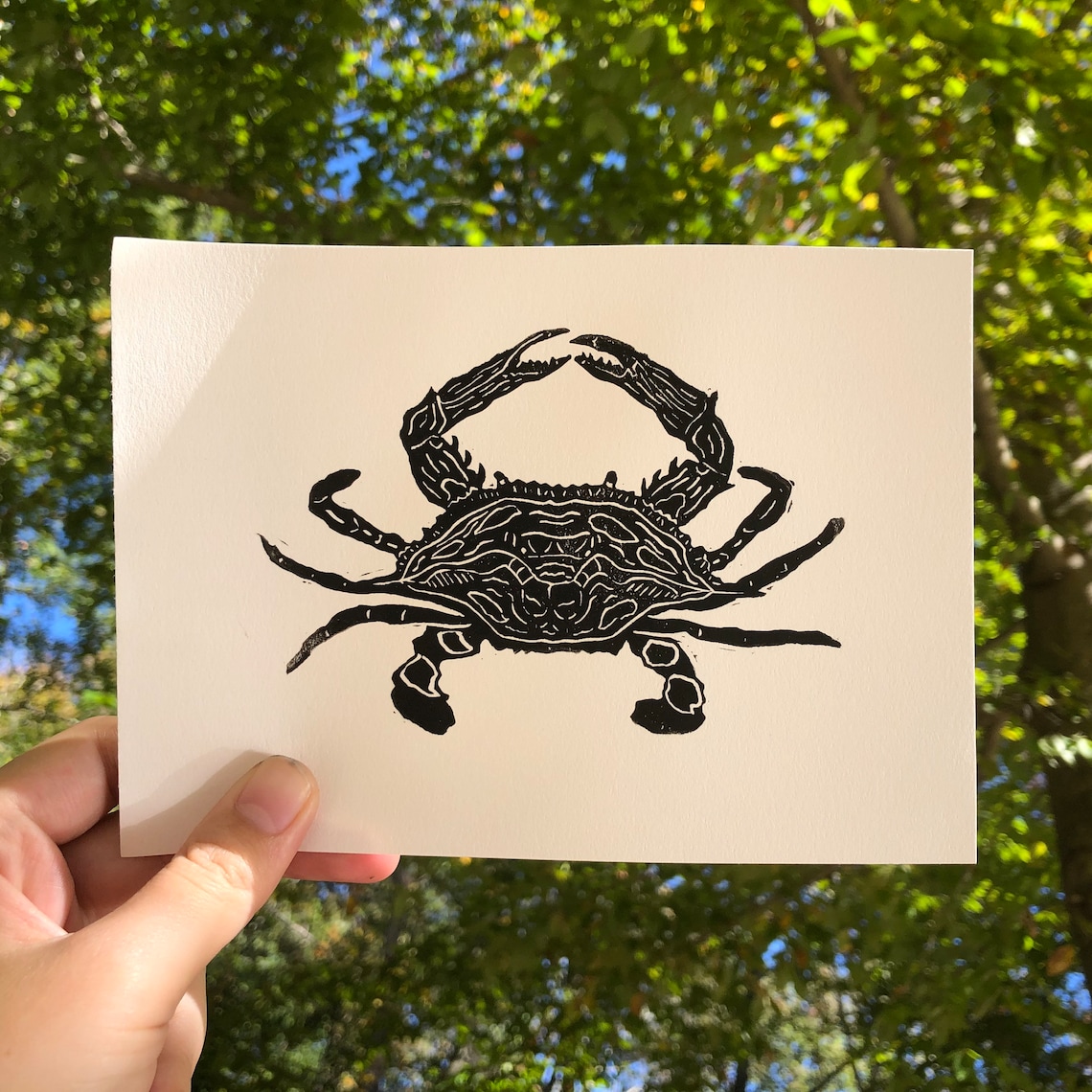 Chesapeake Bay Blue Crab Lino Print 5x7 Ink Print Block Print Black and ...