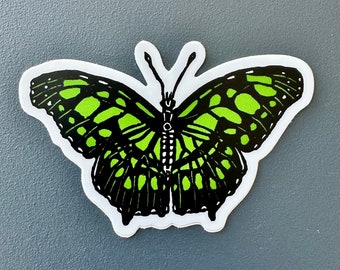 Malachite Butterfly Sticker | In Color | Vinyl Decal | Water-Proof Sticker | Linocut Sticker | 3" x 1.98"