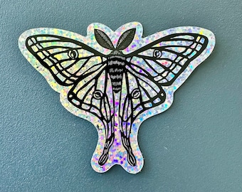 Spanish Moon Moth Sticker | Glitter | Linocut Sticker | Vinyl Decal | Water-Proof Sticker | 3" × 2.34"
