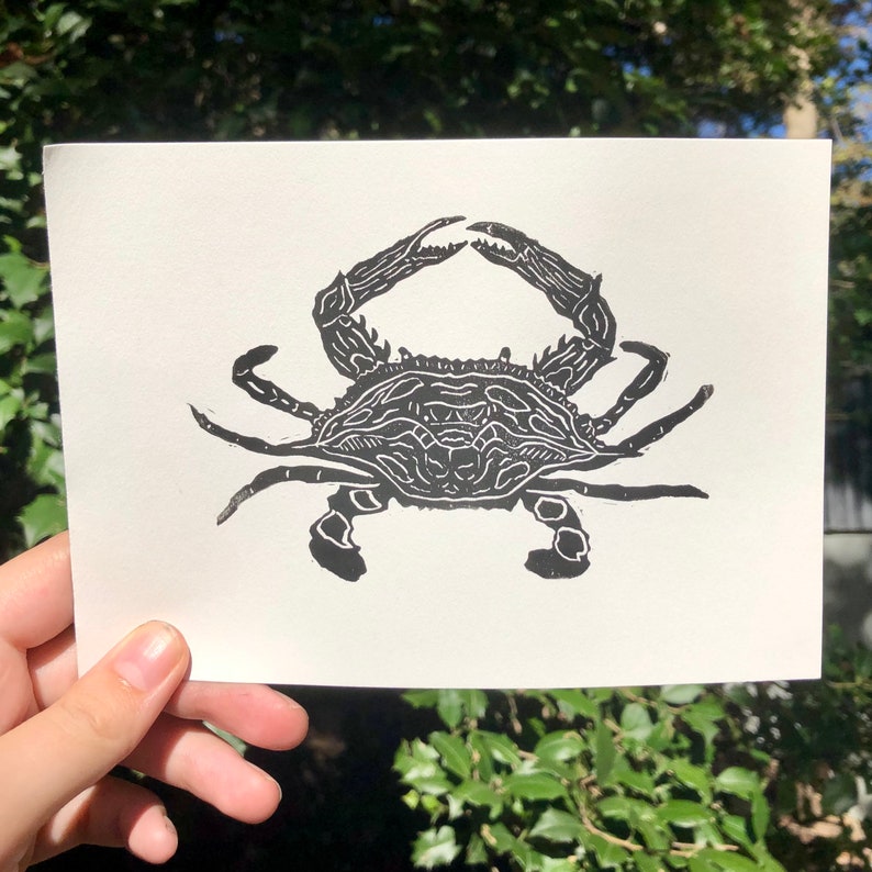 Chesapeake Bay Blue Crab Lino Print 5x7 Ink Print Block Print Black and ...