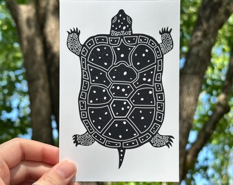 Spotted Turtle | Hand-Carved Linocut Art | 4x6 | Wildlife Art Print & Postcard | Endangered Species Illustration | Frameable Mailable Art
