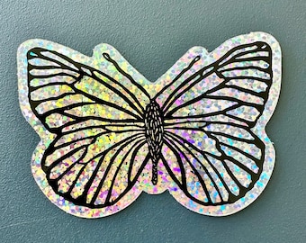 Black-veined White Butterfly Sticker | Glitter | Linocut Sticker | Vinyl Decal | Water-Proof Sticker | 3" × 2.07"
