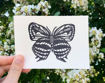 Hairstreak Butterfly Linocut Print | Lino Print | 3.5x5 | Ink Print | Block Print | Black and White | Endangered Species Art