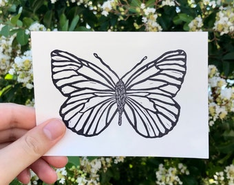 Black-veined White Butterfly Linocut Print | Lino Print | 3.5x5 | Ink Print | Block Print | Black and White | Endangered Species Art