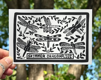 Skimmer Dragonflies | Hand-Carved Linocut Art | 4x6 | Wildlife Art Print & Postcard |Endangered Species Illustration |Frameable Mailable Art