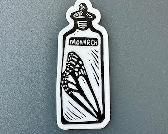 Monarch Butterfly Jar Sticker | Linocut Sticker | Vinyl Decal | Water-Proof Sticker | 1.23" × 3"