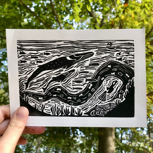 Fin Whales & Diver | Lino Print | 5x7 | Ink Print | Block Print | Black and White | Endangered Species Art