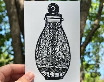 Moonlit Garden Jar | Hand-Carved Linocut Art | 4x6 | Wildlife Art Print & Postcard | Endangered Species Illustration |Frameable Mailable Art