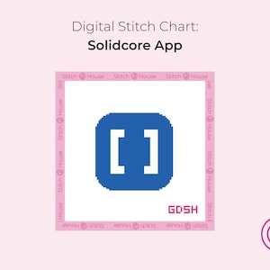 Puede incluir: Un gráfico de puntadas digital para la aplicación Solidcore. La imagen presenta un cuadrado azul con esquinas redondeadas y corchetes blancos en el interior. El texto "Digital Stitch Chart: Solidcore App" está en la parte superior. La palabra "GOSH" está en la parte inferior.