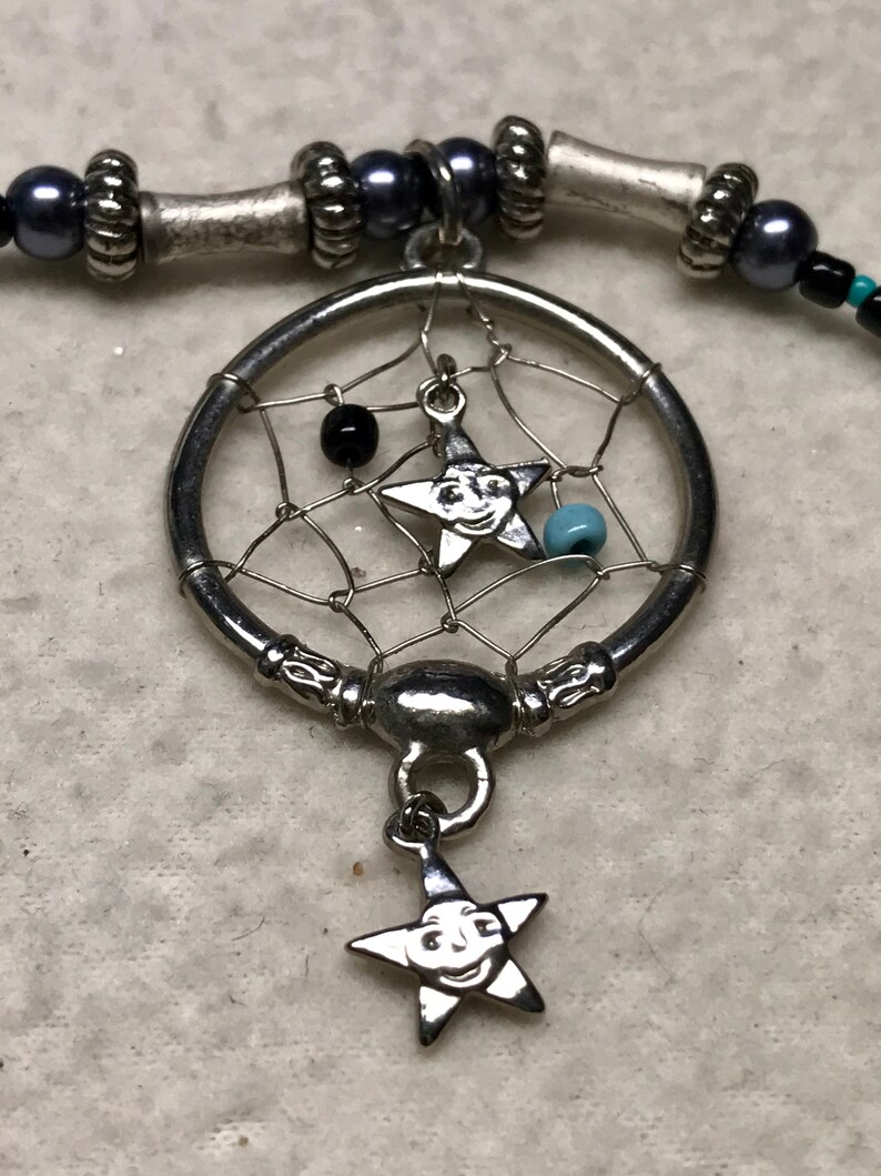 To Dream Again handmade beaded necklace gender neutral 19 long dream catcher Native American First Nations dreams visions twilight night